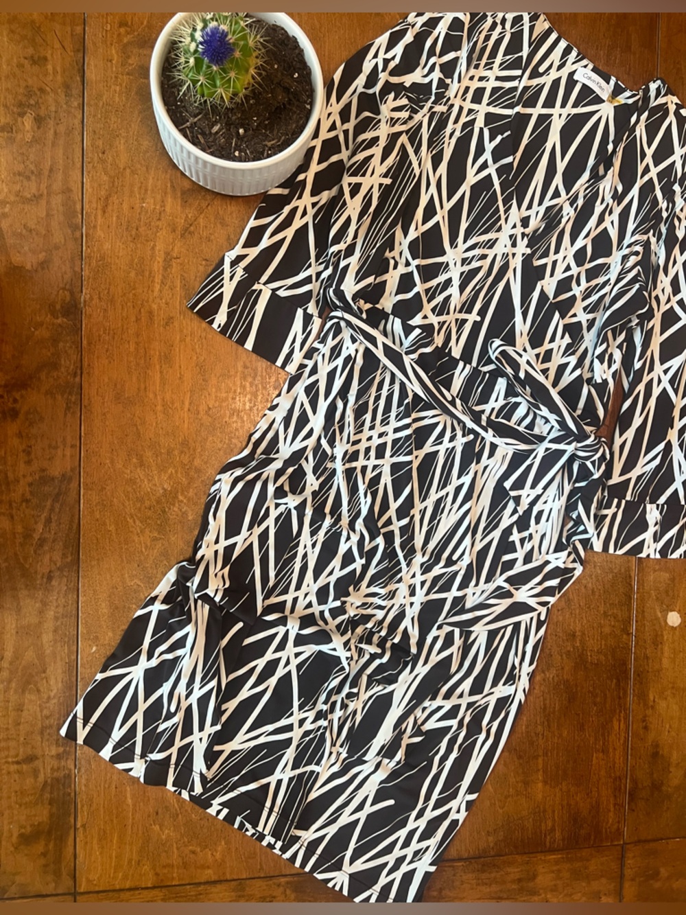 Calvin Klein Abstract Print Dress Brown White Size 10 Modern Sheath